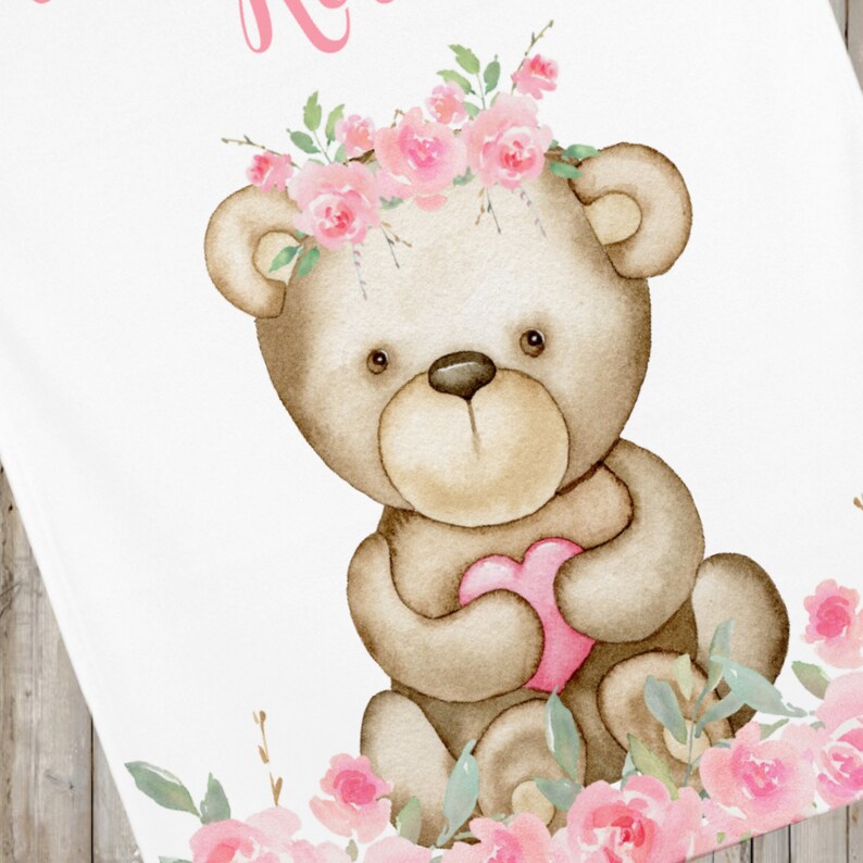Teddy Bear Baby Blanket Pink Flower Baby Girl Blanket Etsy