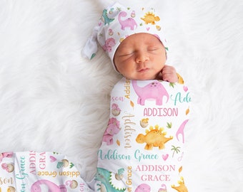 Personalized Baby Girl Swaddle Blanket Dinosaur Swaddle Knotted Hat Headband Baby Gift Hospital Photo Newborn Photo Newborn Blanket