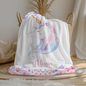Personalized Unicorn Baby Girl Blanket | Custom Name Blanket | Swaddle Set | Minky Fleece Sherpa | Shower Gift | Unicorn Nursery Decor