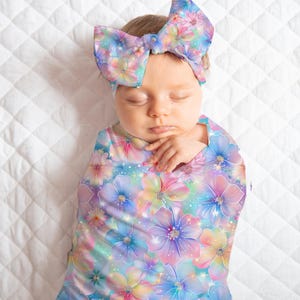 Floral Baby Girl Swaddle Blanket Set, Bow Knot Hat, Beanie, Baby Shower Gift, Newborn Photo Prop, Come Home Outfit, Flower Nursery Decor