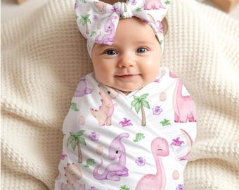 Dinosaur Baby Girl Swaddle Blanket Set | Newborn Hospital Photo Outfit | Bow Knotted Hat Beanie | Baby Shower Gift | Newborn Blanket