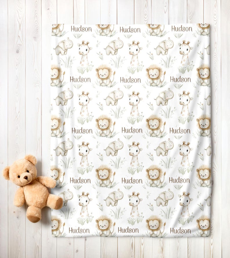 Personalized Safari Animals Baby Boy Blanket, Custom Name Crib Blanket ...