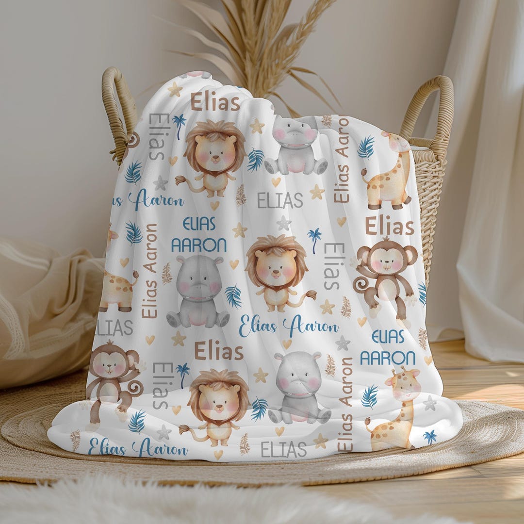 Personalized Safari Animal Baby Boy Blanket, Custom Name Crib Blanket ...