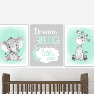 Mint Green Safari Animals Baby Nursery Art Elephant Decor Watercolor Nurserty Art Canvas Prints Giraffe Gender Neutral Baby Nursery Decor