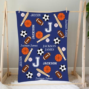 Personalized Sports Blanket Boy Name Blanket Baseball Basketball Soccer Football Name Blanket Boy Room Blanket Custom Gift image 1