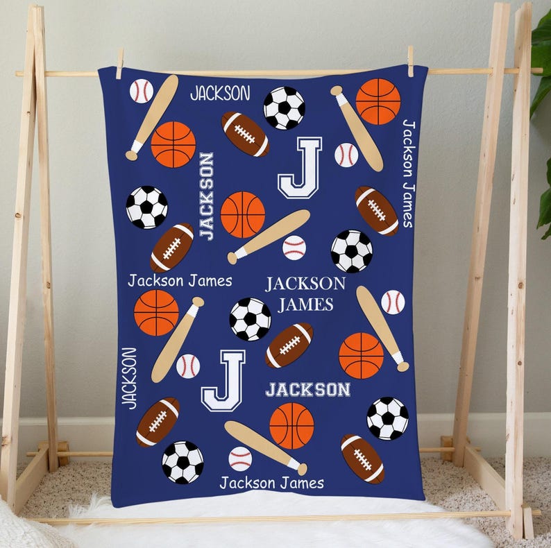 Personalized Sports Blanket Boy Name Blanket Baseball Basketball Soccer Football Name Blanket Boy Room Blanket Custom Gift image 1