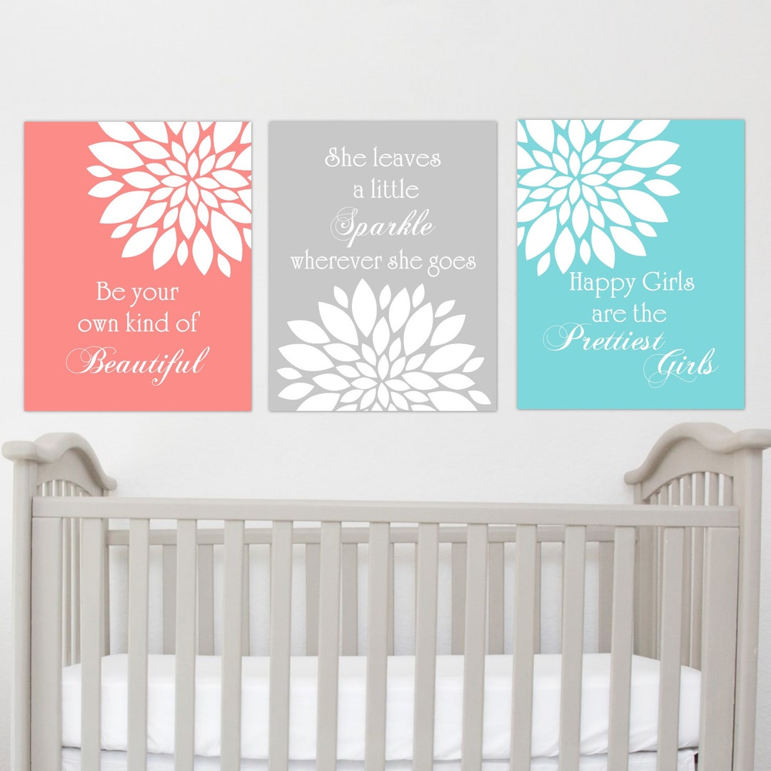 Flower Wall Art Coral Teal Flower Art Prints Dahlia Florals Girl ...