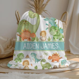 Personalized Dinosaur Baby Boy Blanket | Custom Name Crib Blanket | Swaddle Set | Minky Fleece Sherpa | Baby Shower Gift | Nursery Decor