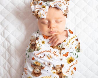 Personalized Highland Cow Swaddle, Custom Baby Blanket, Bow Knotted Hat or Beanie, Baby Nursery Decor, New Mom Gift, Newborn Photo Prop