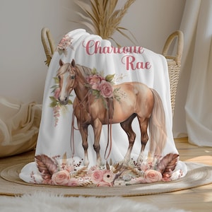 Personalized Floral Horse Baby Girl Blanket | Swaddle Set | Custom Name Crib Blanket | Minky Fleece Sherpa | Shower Gift | Nursery Decor