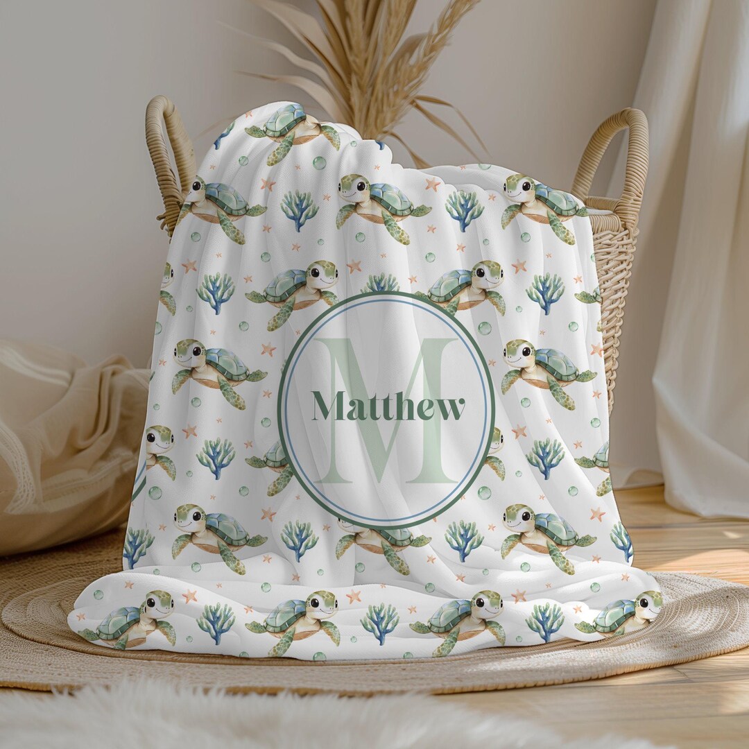 Personalized Turtle Baby Boy Blanket, Swaddle Set, Custom Crib Blanket ...