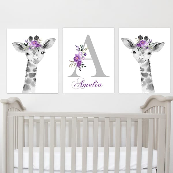 Purple Floral Giraffe Baby Girl Nursery Wall Art Canvas Personalized Baby Art Baby Shower Gift, Baby Animals, Baby Nursery Decor