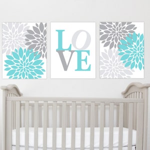 Baby Girl Nursery Wall Art Teal Aqua Gray Flower Burst Dahlia Mums Modern Floral LOVE Girl Bedroom Baby Nursery Decor Prints