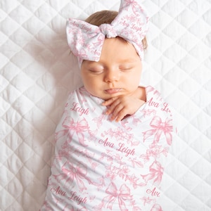Personalized Pink Toile Ribbon Baby Girl Swaddle Set - Blanket with Bow Knot Cap Beanie – Baby Shower Gift, Photo Prop, Newborn Keepsake,