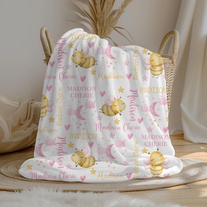 Personalized Bee Baby Girl Blanket | Custom Name Crib Blanket | Swaddle Set | Minky Fleece Sherpa | Baby Shower Gift | Farm Nursery Decor