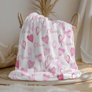 Personalized Hearts Baby Girl Blanket | Custom Name Blanket | Swaddle Set | Minky Fleece Sherpa | Shower Gift | Nursery Decor