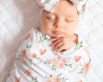 Floral Baby Girl Swaddle Blanket, Bow Knotted Hat, Beanie, Photo Prop, Baby Shower Gift, Newborn Coming Home Outfit, Hospital Picture