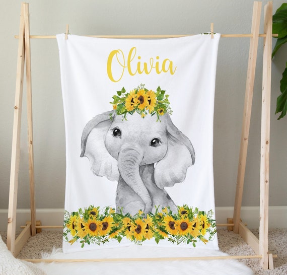 Sunflower Baby Elephant Personalized Baby Name Blanket 