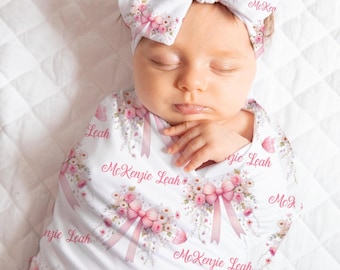 Personalized Pink Bow Baby Girl Swaddle Blanket, Bow Knot Cap or Beanie, Newborn Photo Prop, Baby Shower Gift, Baby Coming Home Outfit