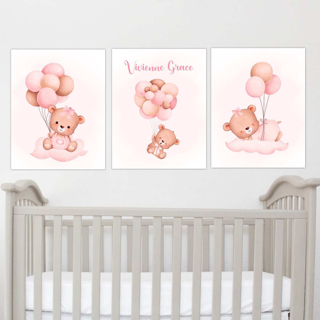 Teddy Bear Baby Girl Nursery Wall Art Decor Personalized Canvas Baby