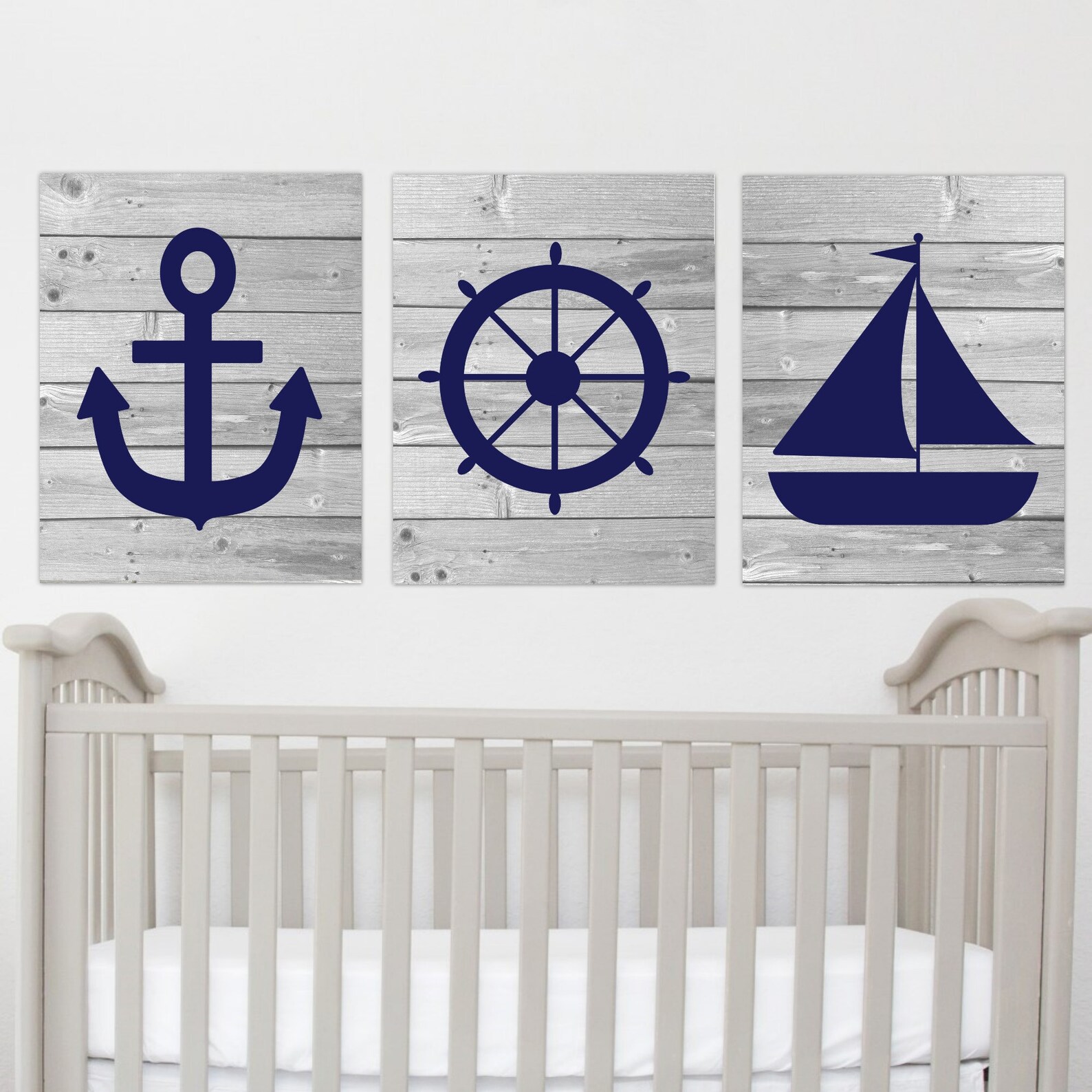 Nautical Wall Art Prints Navy Blue Gray Sailboat Anchor Captains Wheel