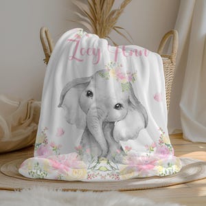 Personalized Elephant Baby Girl Blanket, Custom Name Crib Blanket, Newborn Swaddle, Baby Girl Gift, Pink Rose Elephant Nursery Decor