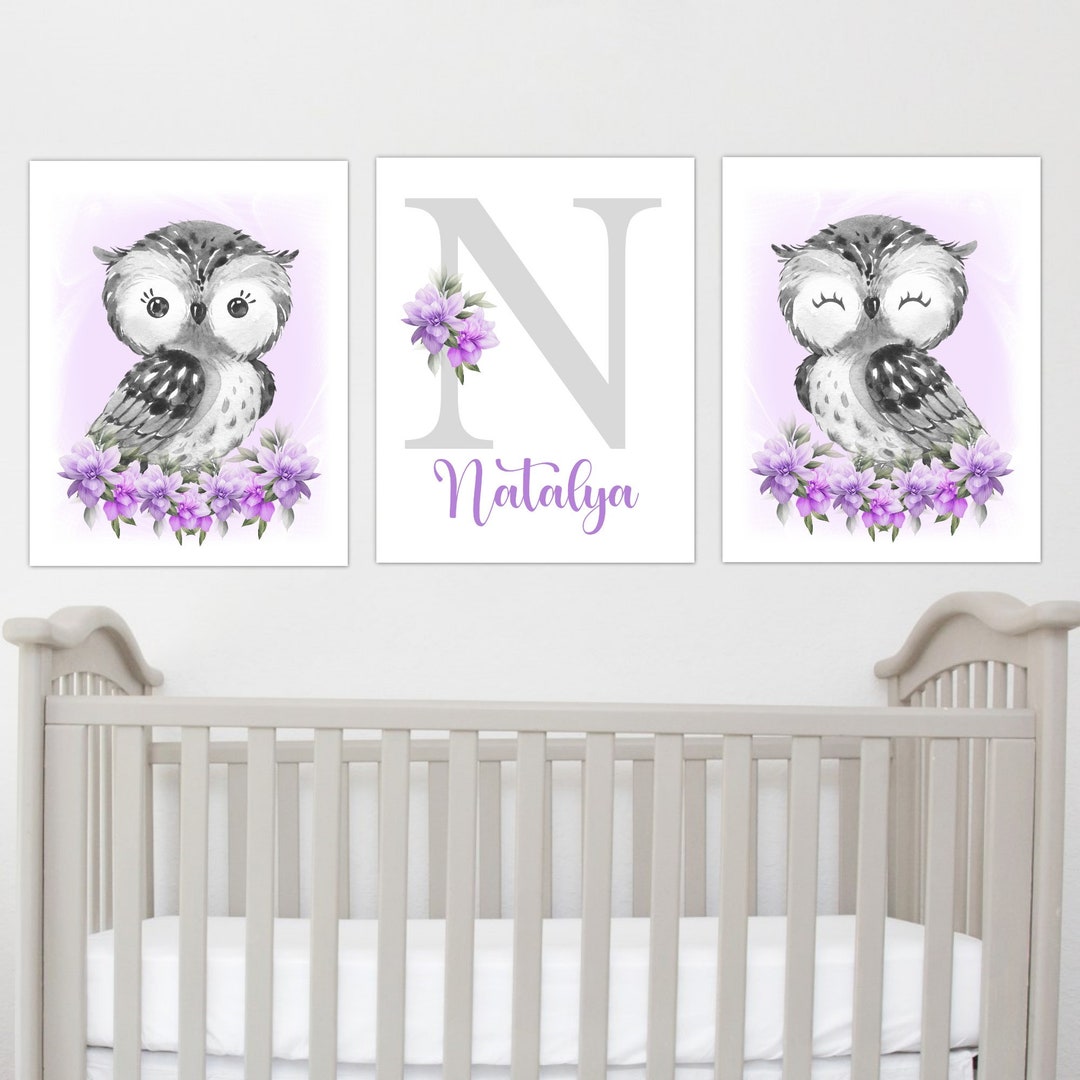 Purple Floral Owl Baby Girl Nursery Wall Art Prints Canvas Personalized