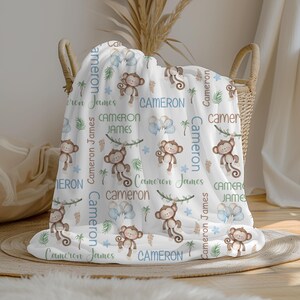 Personalized Monkey Baby Boy Blanket | Custom Name Crib Blanket | Swaddle Set | Minky Fleece Sherpa | Shower Gift | Jungle Nursery Decor