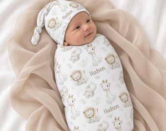 Personalized Safari Animals Baby Boy Blanket, Custom Name Swaddle Set, Knot Cap, Beanie, Newborn Photo, Baby Shower Gift, Coming Home Set