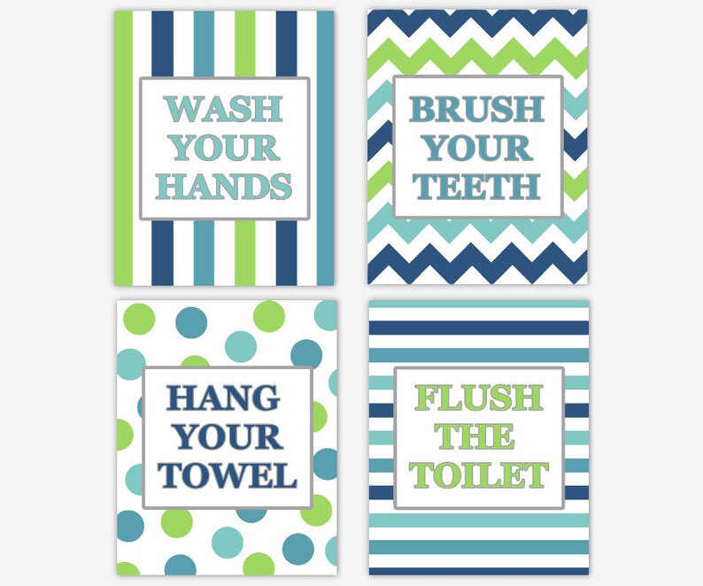 Kids Bathroom Wall Art Children Bath Prints Blue Green Gray Etsy