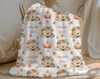 Fall Baby Girl Blanket, Personalized  Teddy Bear Custom Name Blanket, Swaddle Set, Minky Fleece Sherpa, Shower Gift, Autumn Nursery Decor