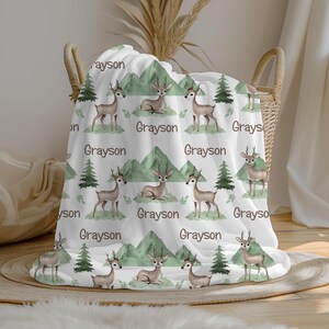 Personalized Deer Baby Boy Blanket | Woodland Forest Custom Name Blanket | Swaddle Set | Minky Fleece Sherpa | Baby Shower Gift