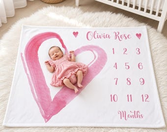May include: A white milestone blanket featuring a large pink watercolor heart, the name Olivia Rose, and numbers 1 through 12 followed by the word Months in pink script. A baby wearing a pink ruffled dress lies inside the heart shape.