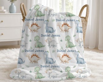 Personalized Dinosaur Baby Boy Blanket | Custom Name Crib Blanket | Swaddle Set | Minky Fleece Sherpa | Baby Shower Gift | Nursery Decor