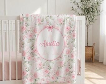 Personalized Pink Rose Baby Girl Blanket, Custom Name Crib Blanket, Swaddle Set, Minky Fleece Sherpa, Baby Shower Gift, Floral Nursery Decor
