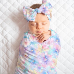 Floral Baby Girl Swaddle Blanket, Bow Knot Cap or Beanie, Newborn Photo Prop, Baby Shower Gift, Baby Coming Home Outfit