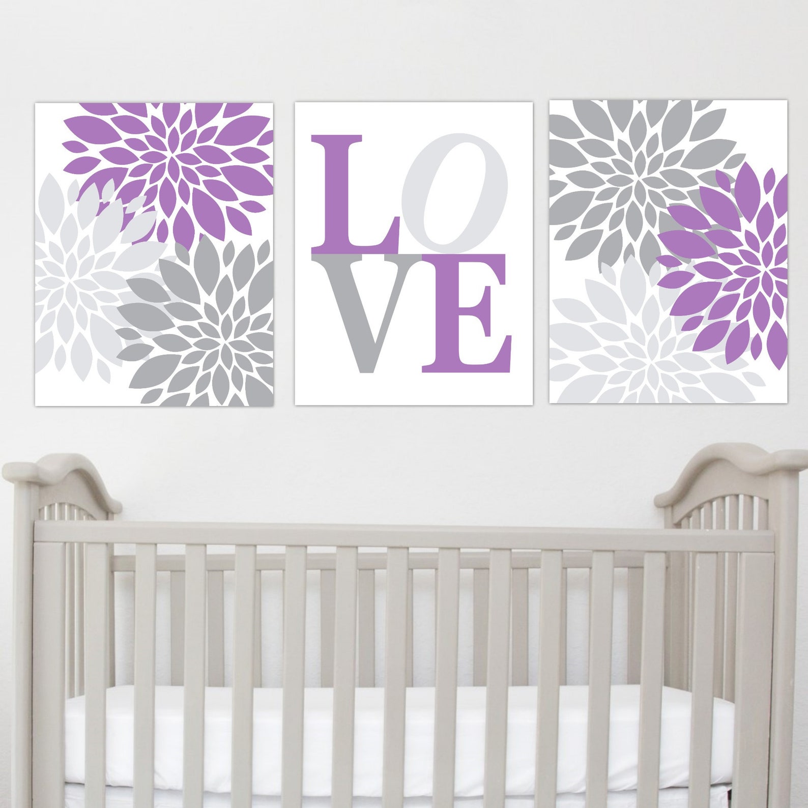 Purple Floral Baby Girl Nursery Wall Art Purple Gray Flower - Etsy