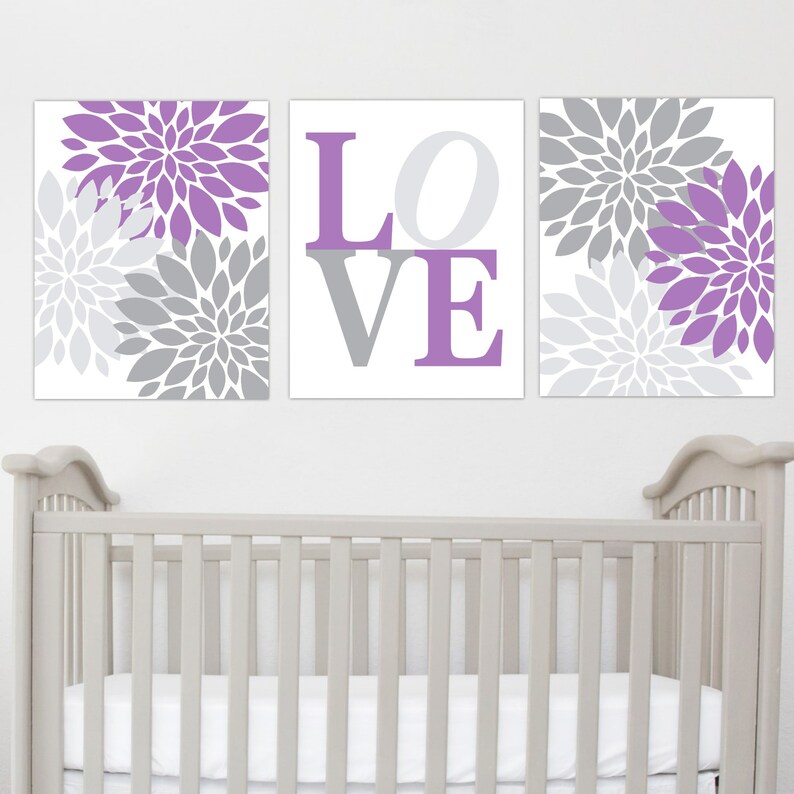Purple Floral Baby Girl Nursery Wall Art Purple Gray Flower - Etsy