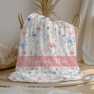 Personalized Wildflower Baby Girl Blanket, Custom Name Crib Blanket, Swaddle Set, Minky Fleece or Sherpa, Baby Shower Gift, Wildflower Decor