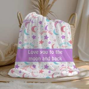 Personalized Love You to the Moon and Back Blanket, Custom Name Baby Girl Blanket, Nursery Gift, Girl Blanket, Baby Shower Gift, Moon Stars