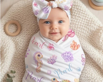 Personalized Under The Sea Baby Girl Blanket | Swaddle Set | Bow Knot Hat Beanie | Baby Shower Gift | Photo Prop | Keepsake | Ocean Theme