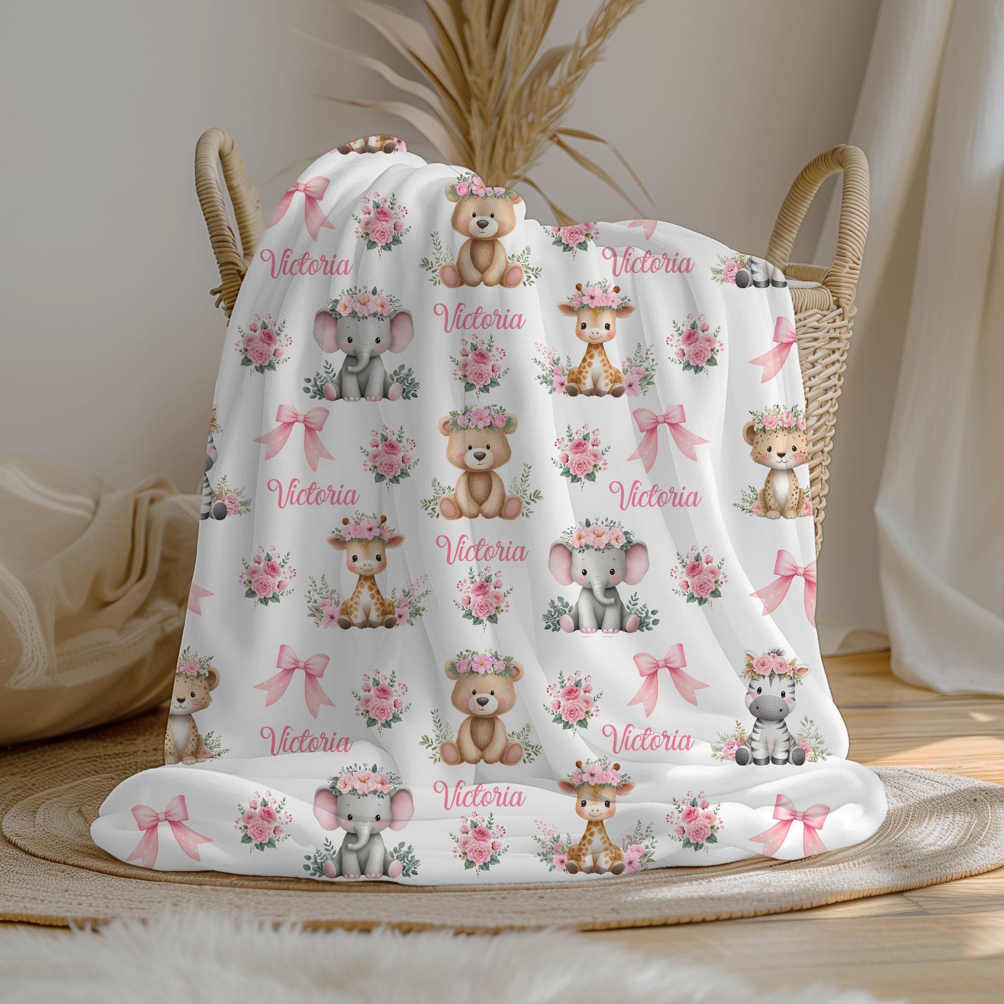 Personalized Safari Animals Baby Girl Blanket, Custom Name Crib Blanket ...