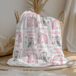 Personalized Rainbow Owl Baby Girl Blanket | Custom Name Blanket | Swaddle Set | Minky Fleece Sherpa | Shower Gift | Nursery Decor