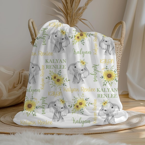 Personalized Baby Blanket - Custom Elephant & Sunflower Flannel Blanket 30x40 Inches With Name For Boy Or Girl (Baby Shower Gift) - View #7