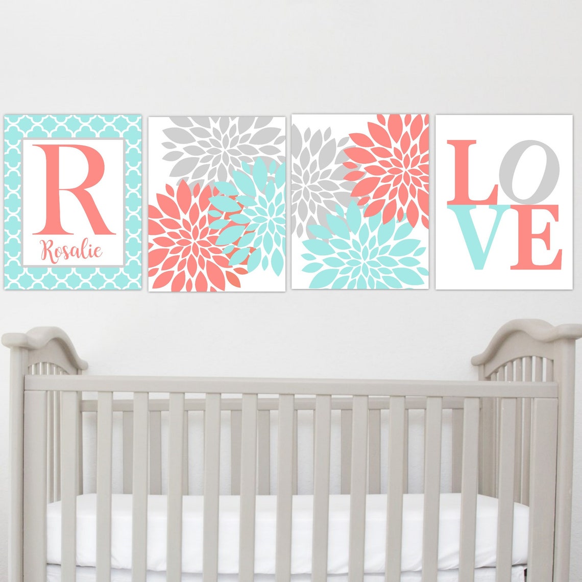 Coral Baby Girl Nursery Coral Aqua Floral Art Dahlia Wall Etsy