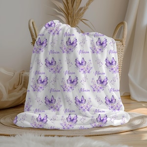 Personalized Butterfly Floral Baby Girl Blanket | Purple Custom Name Crib Blanket | Swaddle Set | Minky Fleece Sherpa | Baby Shower Gift