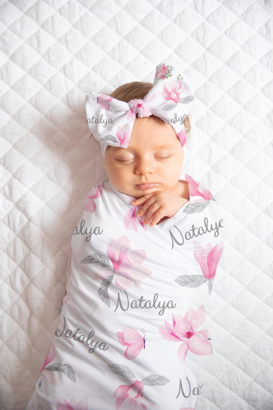 Personalized Pink Floral Baby Girl Blanket | Swaddle Set | Headband Bow ...