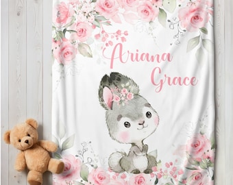 Bunny Baby Girl Blanket Personalized Baby Girl Pink Flower Blanket Pink Rose Blanket Personalized Name Blanket Floral Bunny Shower Gift