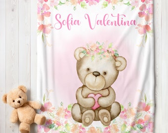 Teddy Bear Baby Girl Blanket Personalized Floral Custom Baby Blanket Newborn Baby Gift Minky Blanket Fleece Blanket Sherpa Baby Blanket