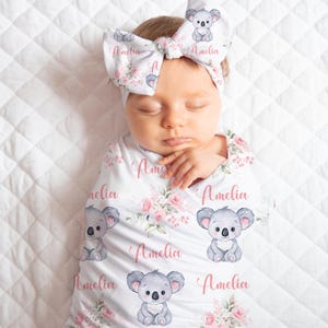 Personalized Koala Baby Girl Swaddle Blanket | Bow Knotted Hat Beanie Cap | Baby Shower Gift | Newborn Photo Prop | Coming Home Outfit